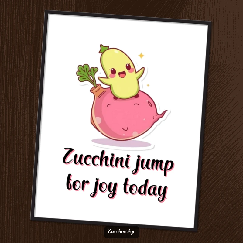 Funny Free Printable Giddy Zucchini Wall Art, joyfully bouncing on a giant radish, a whimsical and humorous decorative piece.