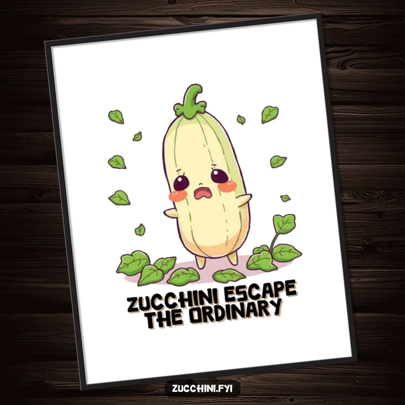Funny Free Printable Startled Zucchini Wall Art, looking surprised with leaves scattering, a comical and quirky decorative piece.