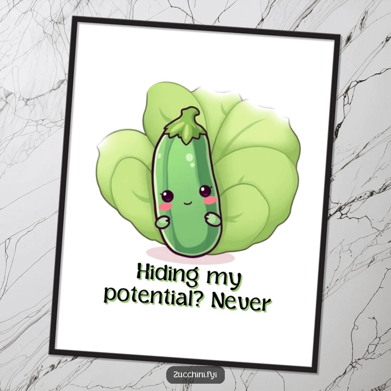 Funny Free Printable Wall Art: A shy, adorable kawaii zucchini peeking out from behind a large green leaf, perfect for kitchens.