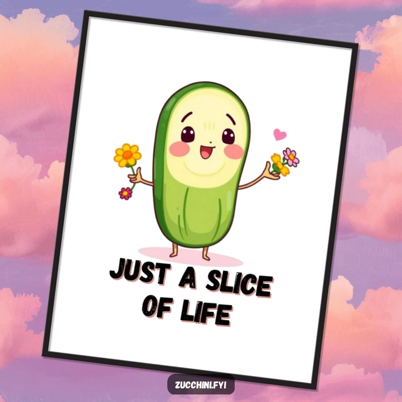 Funny Free Printable Wall Art: Amused zucchini slice character hilariously juggling small edible flowers, adding joy to any room.