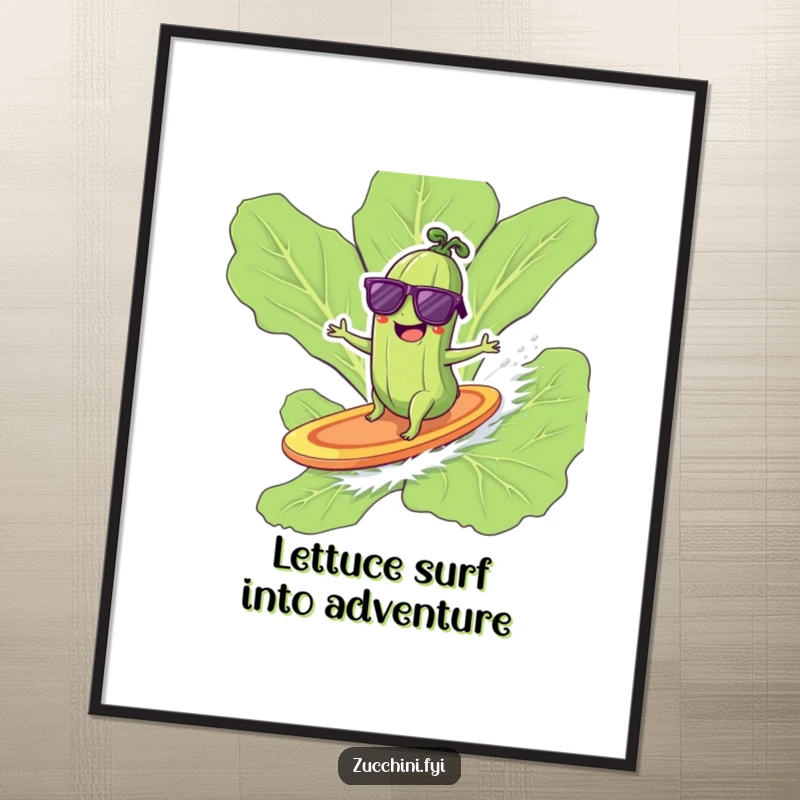 Funny Free Printable wall art of a giggling zucchini in sunglasses effortlessly surfing on a giant lettuce leaf.