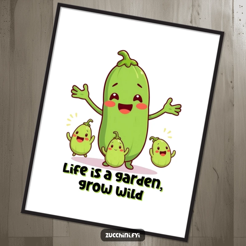 Funny Free Printable Wall Art: A smiling zucchini artistically juggles three small, excited zucchinis, adding vibrant decor.