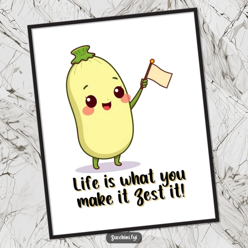 Funny Free Printable Wall Art: A joyful zucchini character with a big smile waves a tiny petal flag, bringing cheerful garden vibes.