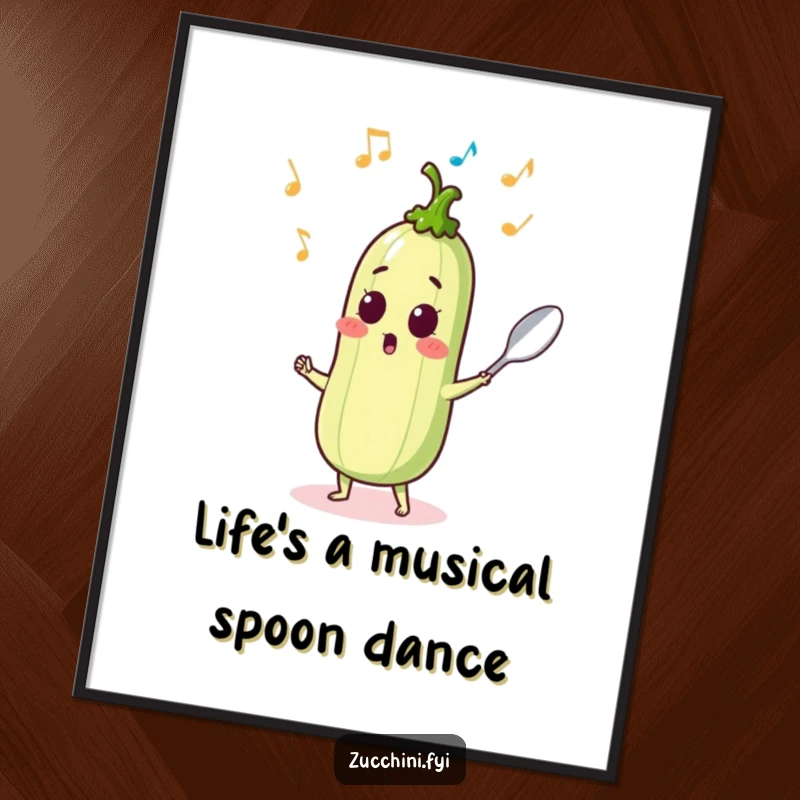 Funny Free Printable wall art of a surprised zucchini dancing with a spoon, with tiny musical notes sprouting around it.