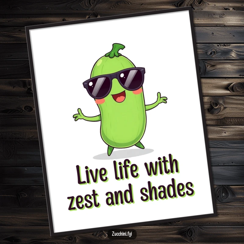 Funny Free Printable Wall Art: A smiling zucchini wearing sunglasses is enthusiastically doing a funny, silly dance.