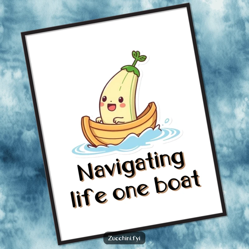 Funny Free Printable Wall Art: Jubilant zucchini boat character sailing gleefully on a tiny water splash, bringing nautical fun.