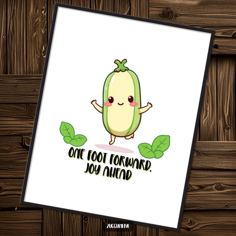 Funny Free Printable Wall Art: A kawaii zucchini mid-hop on one foot, looking incredibly happy and energetic.