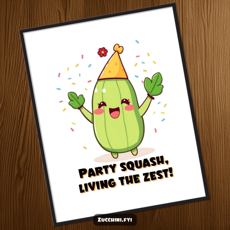 Funny Free Printable Wall Art: A zucchini in a party hat gleefully throws confetti, perfect humorous downloadable decor.