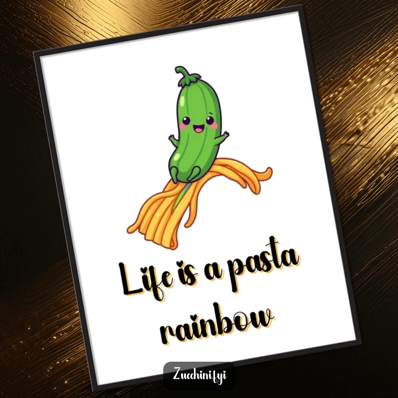 Funny Free Printable wall art depicting a happy zucchini character sliding down a vibrant rainbow made of pasta strands.