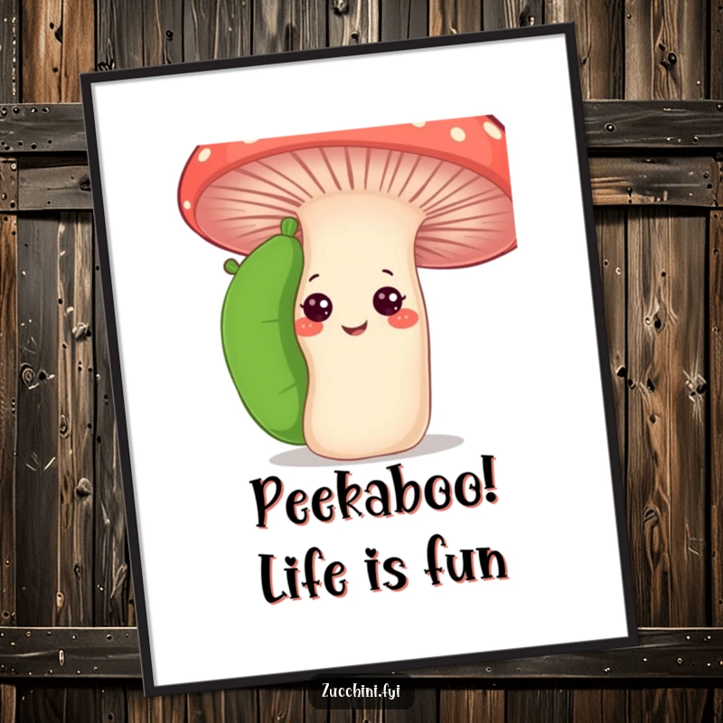 Funny Free Printable Zucchini Wall Art: A curious zucchini peeking from behind a giant smiling mushroom, delightfully absurd decor.