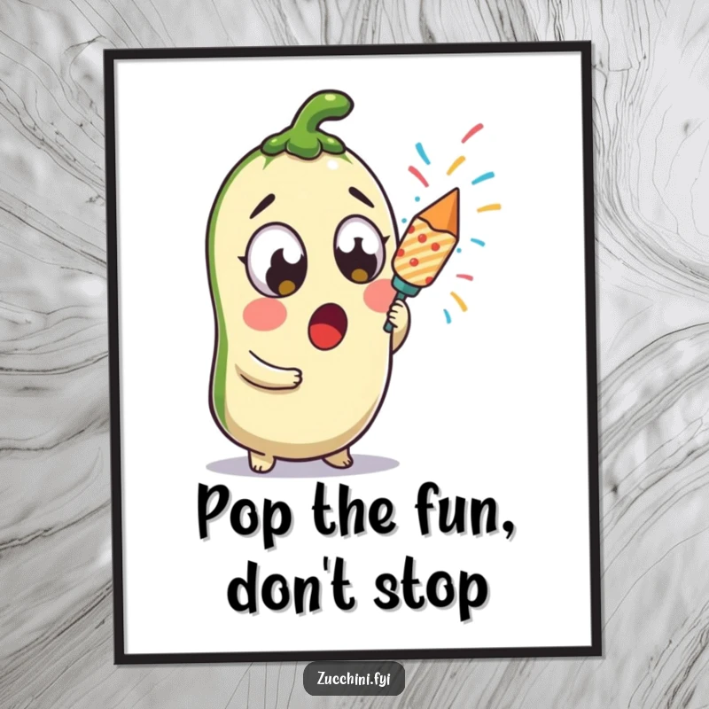 Funny Free Printable Wall Art: A wide-eyed kawaii zucchini holding a confetti popper, looking comically surprised and festive.