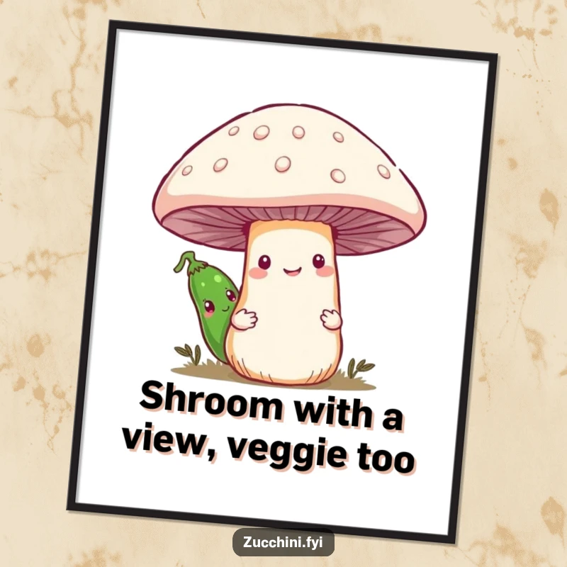 Funny Free Printable Wall Art: Adorable shy zucchini peeking from behind a giant mushroom, creating cute and humorous decor.