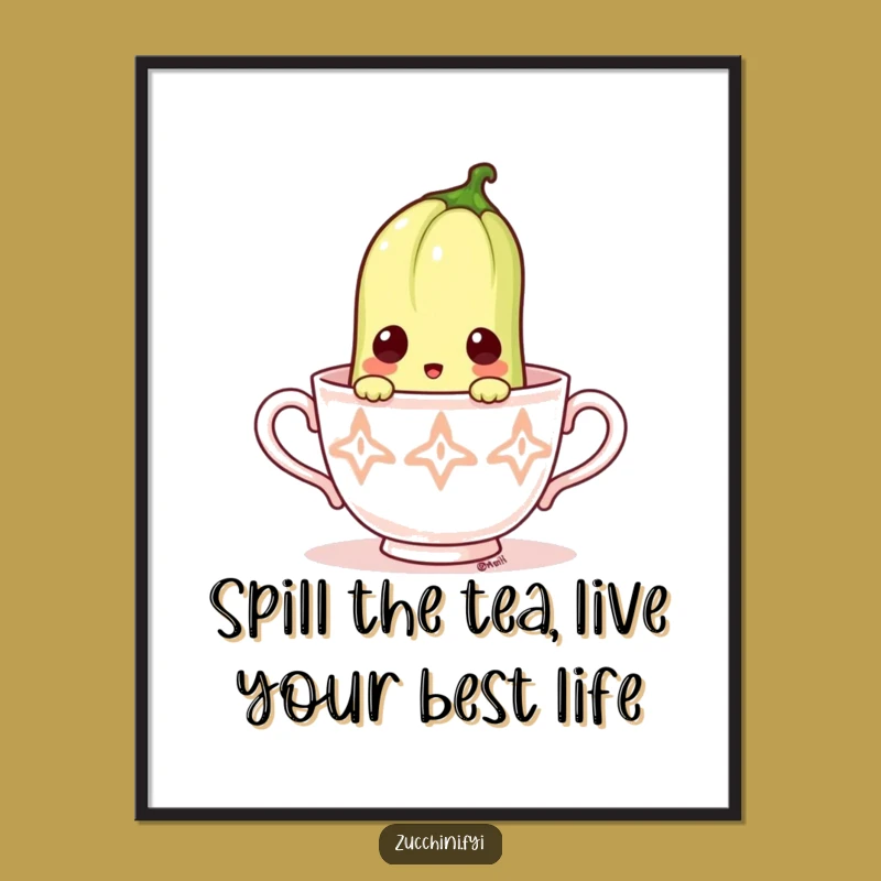Free Printable Wall Art: Surprised Zucchini in Teacup, Whimsical Downloadable Decor