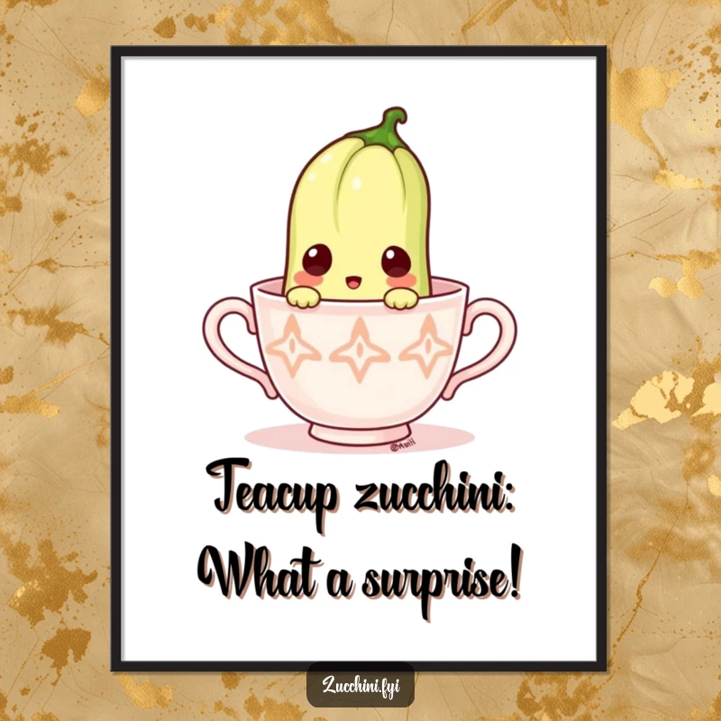 Funny Free Printable Wall Art: A zucchini with wide, surprised eyes peeking out from the tiny edge of a delicate teacup.