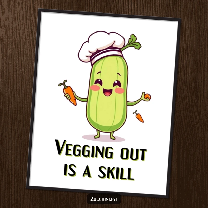 Funny Free Printable Wall Art: Zucchini Chef in Hat Juggling Carrots, a Whimsical and Humorous Kitchen Decor Piece