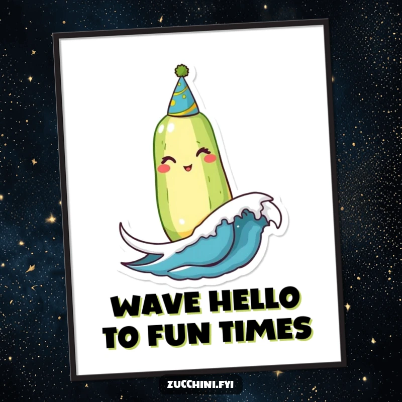 Funny free printable wall art: A winking zucchini wearing a party hat bobs cheerily on a tiny wave, bringing party vibes.