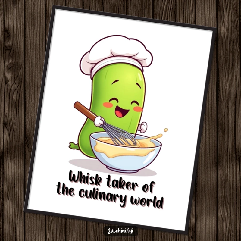 Funny Free Printable wall art of a smiling chef zucchini wearing a chef hat, energetically whisking batter in a bowl.