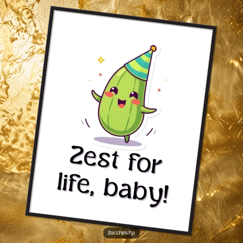 Funny free printable wall art of a zany zucchini wearing a party hat and uncontrollably spinning in a comical pose.