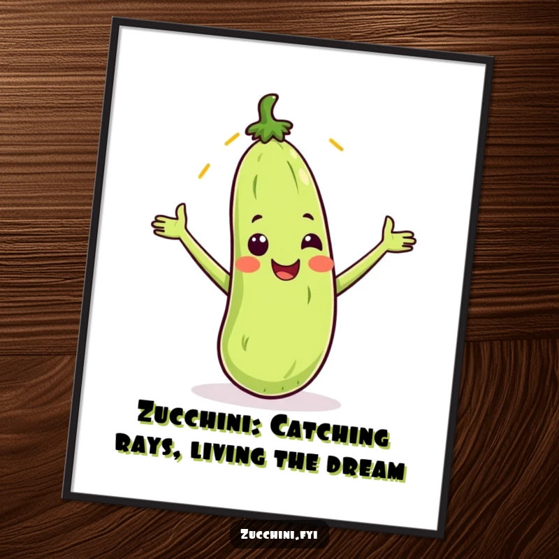 Funny Free Printable Wall Art: Smiling Zucchini Joyfully Catching a Falling Cartoon Sunbeam with Open Arms