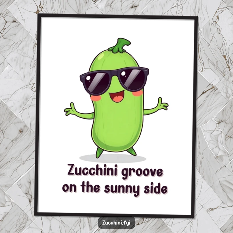 Funny Free Printable Wall Art: A smiling zucchini character wearing sunglasses, captured mid-silly dance, bringing vibrant, humorous energy.