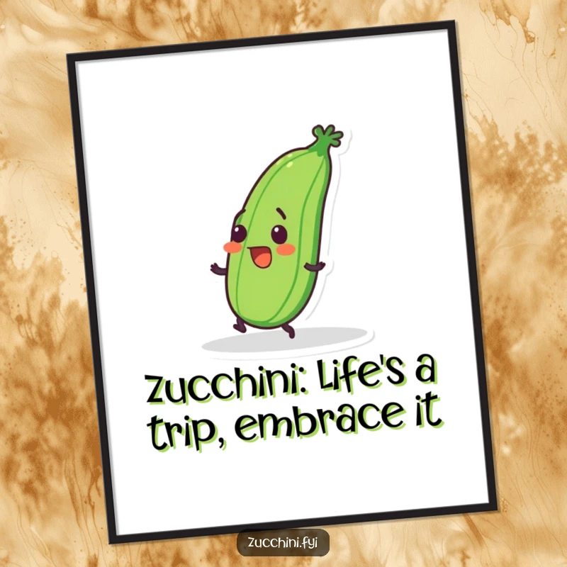 Funny Free Printable Wall Art: Long, Wobbling Zucchini Character Tripping Over Its Own Feet with a Surprised Grin