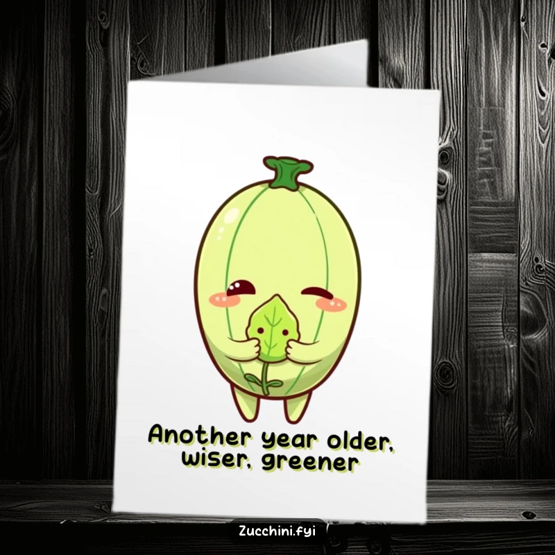 Funny Free Printable Birthday Card: Zucchini winking mischievously while holding a tiny, blushing leaf
