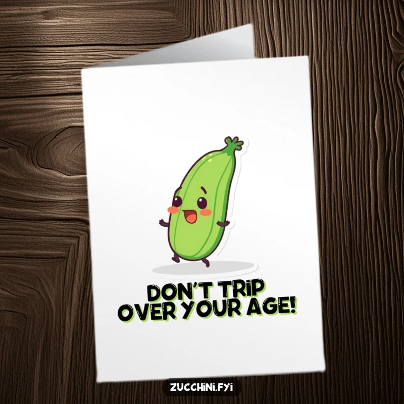Funny Free Printable Birthday Card: Long Wobbly Zucchini Tripping Over Feet with a Surprised Comedic Grin
