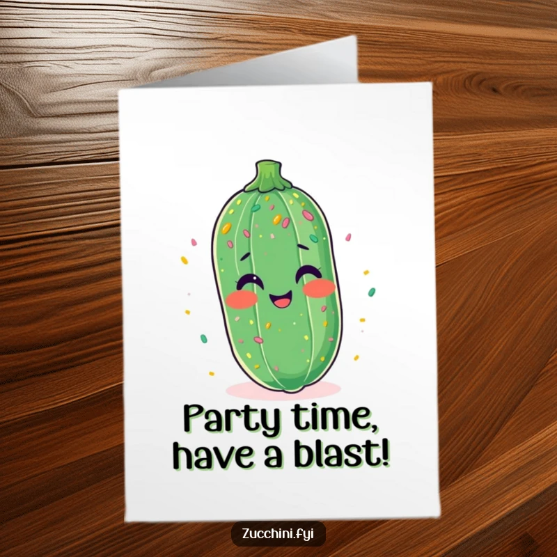 Funny Free Printable Birthday Card: A delighted zucchini covered in confetti celebrates boisterously, perfect for birthdays.