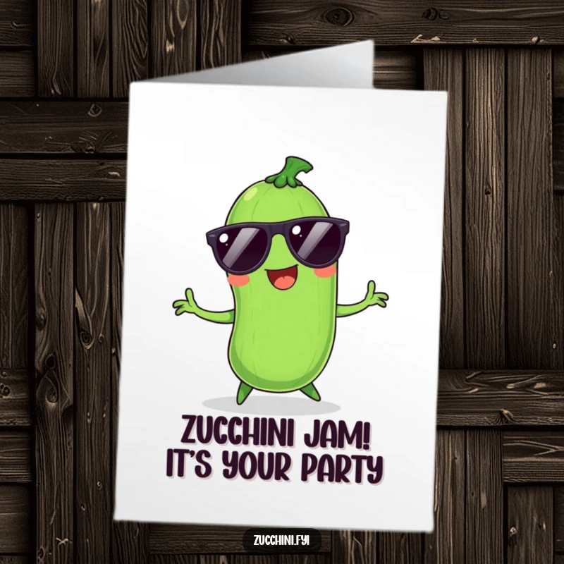 Funny Free Printable Birthday Card: A smiling zucchini wearing cool sunglasses, busting out some hilarious dance moves with pure joy.