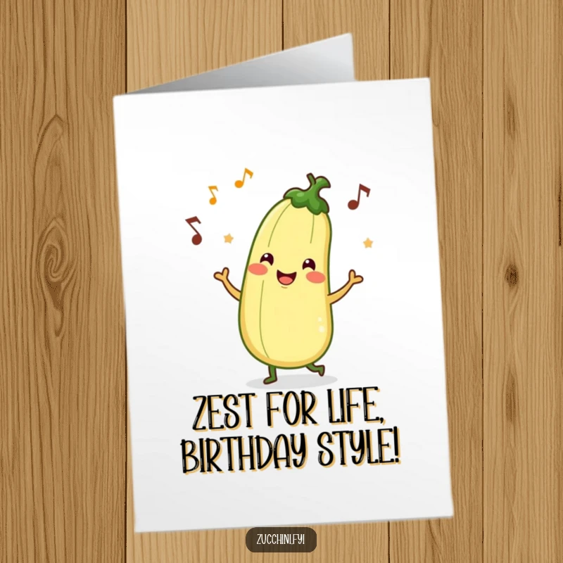 Funny free printable birthday card showing a smiling zucchini character doing a silly jig with musical notes dancing around.