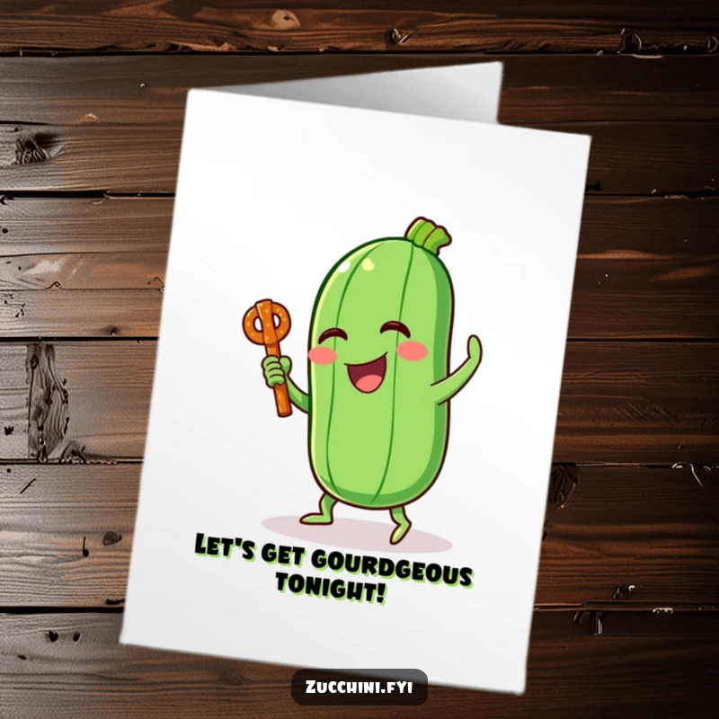 Funny Free Printable Birthday Card: Laughing zucchini doing a silly dance with a pretzel stick, full of joy. A hilarious gift.