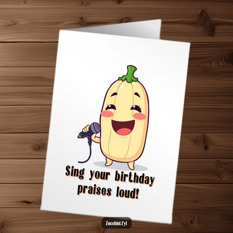 Funny Free Printable Birthday Card: Grinning Zucchini Holding Microphone, Belting Out a Hilarious Song