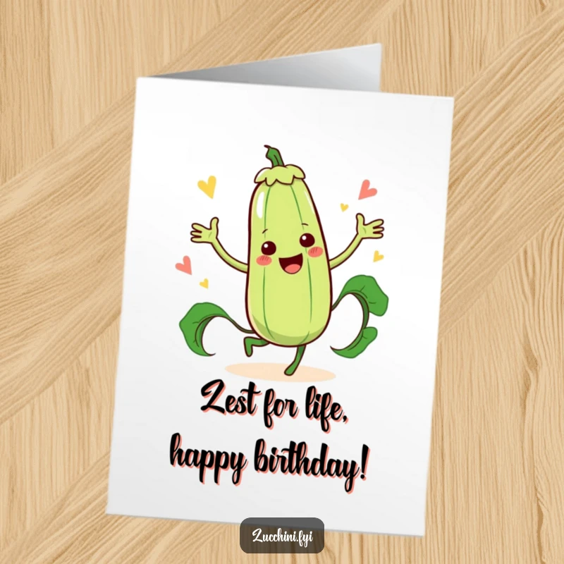 Funny Free Printable Birthday Card: Zucchini character dancing wildly with a giant zucchini silhouette, pure joy