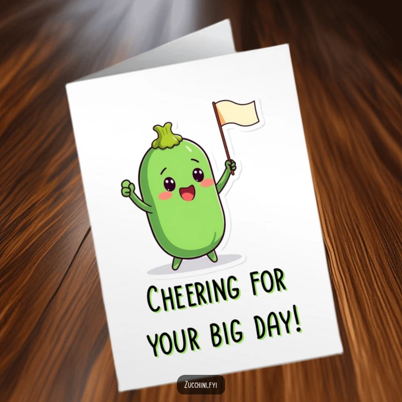 Funny free printable birthday card: a zucchini character enthusiastically waves a small flag, signaling a happy occasion.