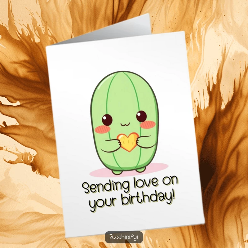 Funny Free Printable Birthday Card: A blushing zucchini character holding out a small, softly glowing heart.