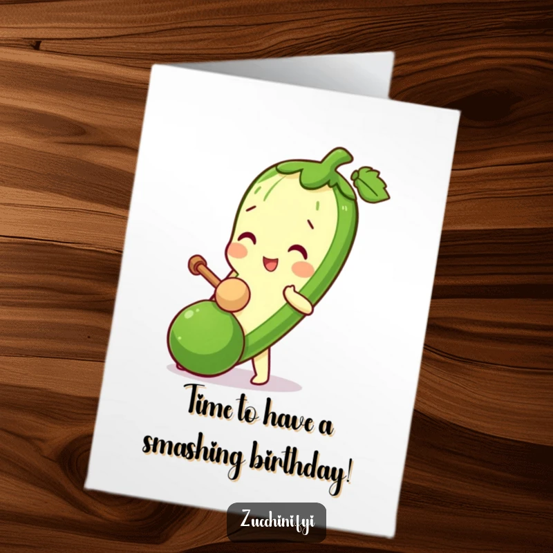 Funny Free Printable Birthday Card: Zucchini character playfully hitting a tiny zucchini with a small mallet