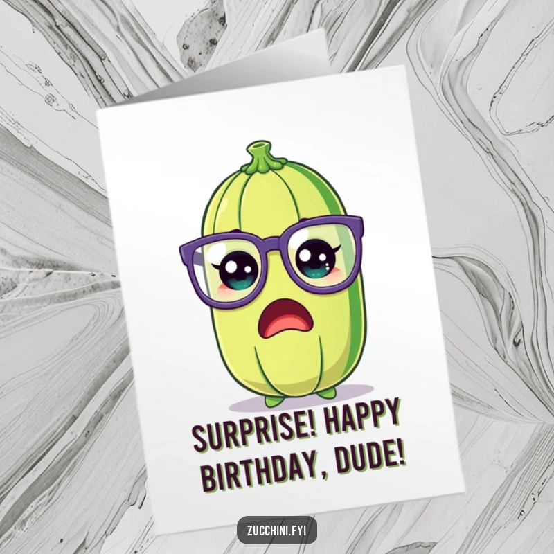 Funny Free Printable Birthday Card featuring a shocked zucchini sporting ridiculously oversized silly glasses, ready for a surprise party.