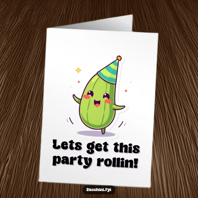 Funny free printable birthday card featuring a zany zucchini in a party hat, gleefully spinning with joy.