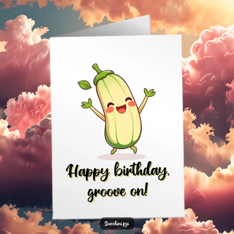 Funny Free Printable Birthday Card featuring a delighted zucchini joyfully dancing with its leafy arms, radiating pure happiness.