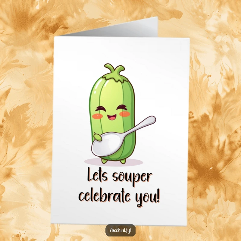 Funny Free Printable Zucchini Birthday Card featuring a winking zucchini holding a comically large spoon, ready to dish out wishes.