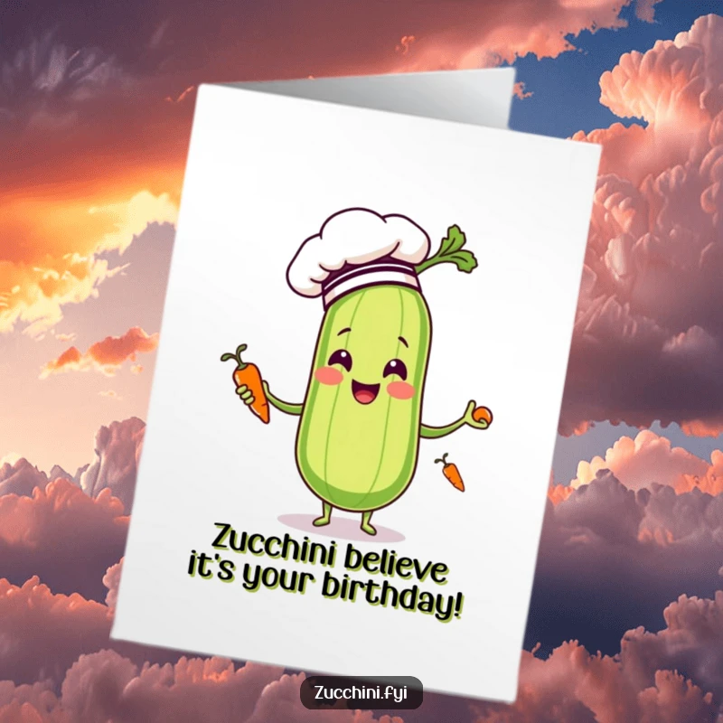 Funny Free Printable Birthday Card: Smiling Zucchini Chef in Hat Juggling Carrots for a Deliciously Humorous Greeting