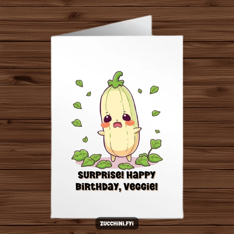Funny Free Printable Startled Zucchini Birthday Card, caught off guard with leaves scattering, creating a comical birthday surprise.