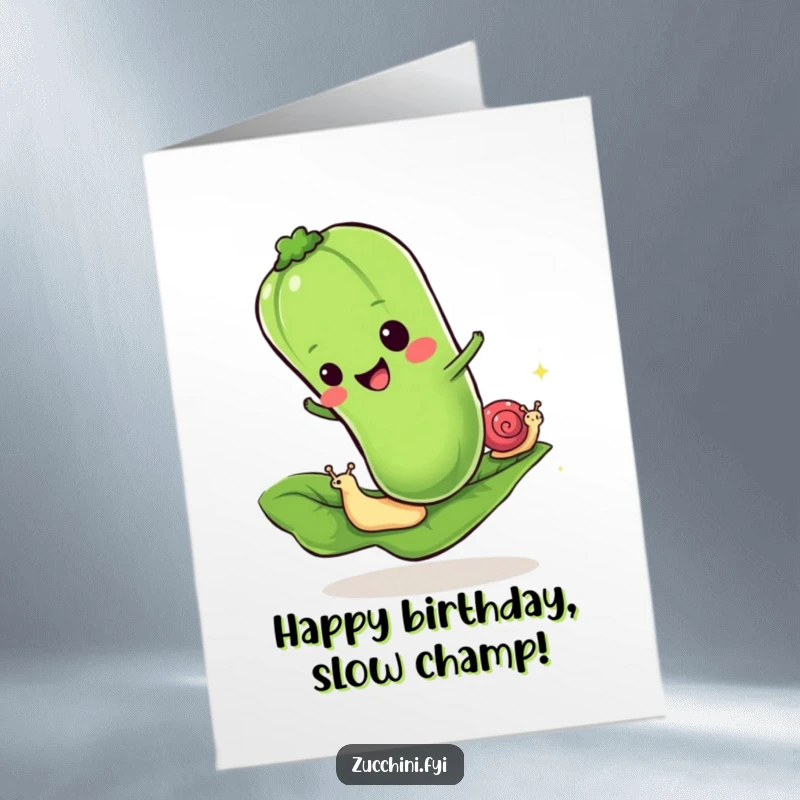 Funny Free Printable Birthday Card: A cheerful zucchini racing a tiny snail on a leaf, a humorous take on birthday speed.