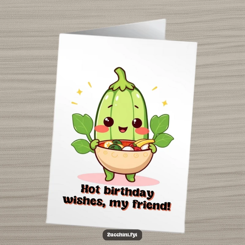 Funny Free Printable Cheerful Zucchini Birthday Card, happily holding a steaming bowl, offering birthday cheer and warmth.