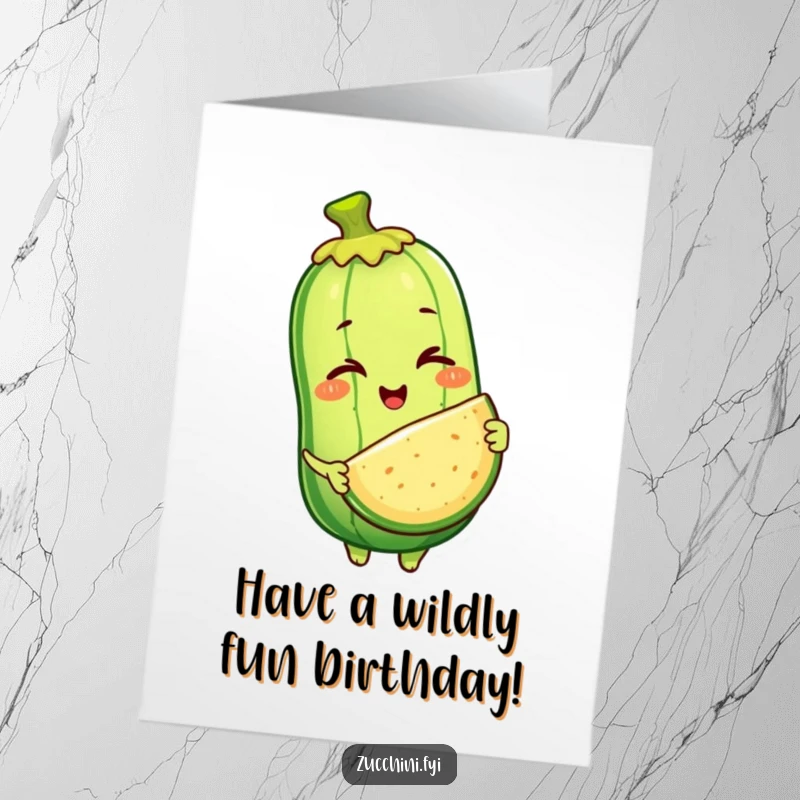 Funny Free Printable Birthday Card: A winking zucchini character generously offers a slice of itself, embodying a humorous birthday spirit.