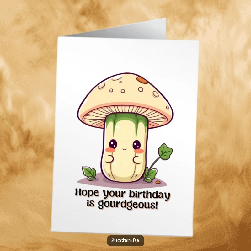 Funny Free Printable Birthday Card: A curious zucchini peeks playfully from beneath a large mushroom cap, hinting at a wonderful surprise.