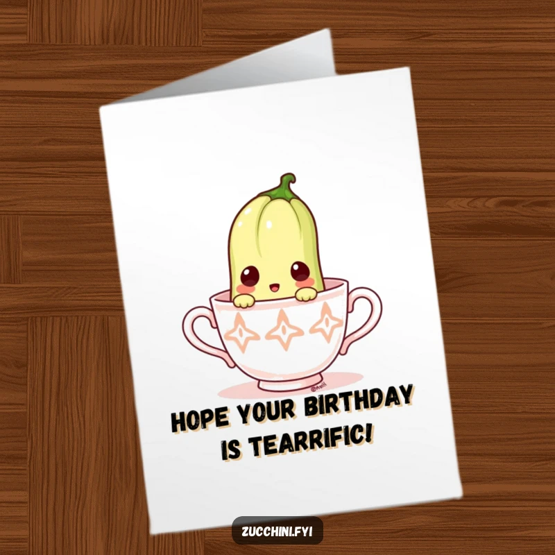 Funny Free Printable Birthday Card: A small zucchini looks surprised peeking out of a dainty teacup.