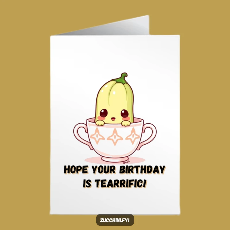 Free Printable Birthday Card: Surprised Zucchini in Teacup, Quirky Funny Downloadable Gift