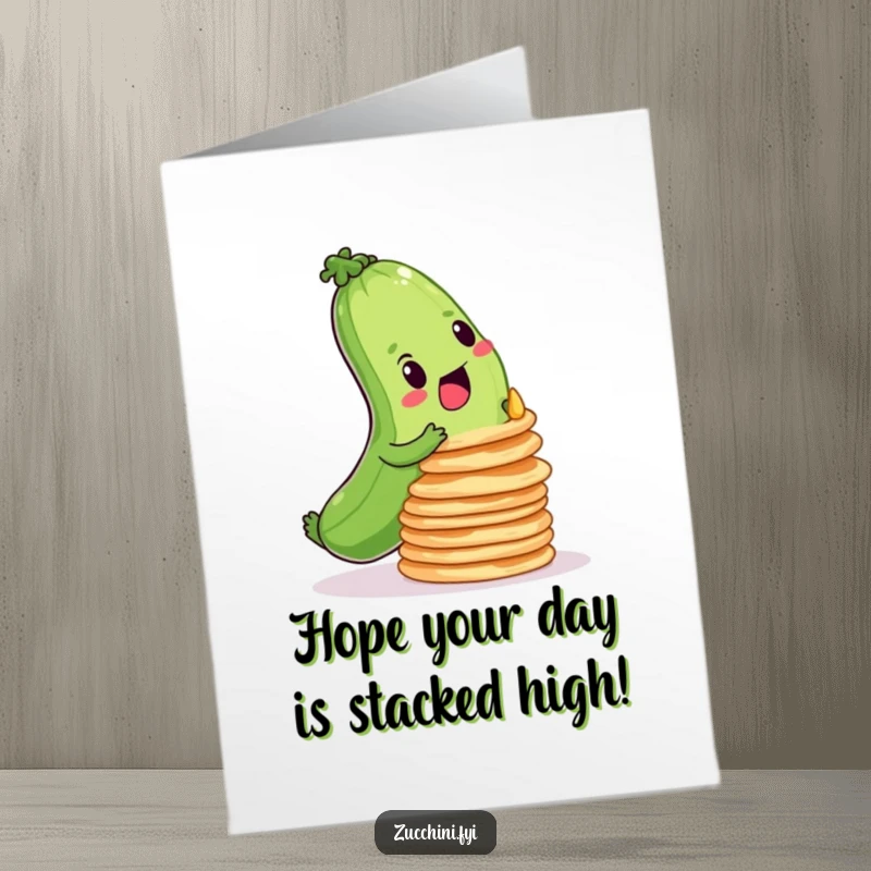 Funny Free Printable Birthday Card: Determined zucchini struggling to balance a tall stack of wobbly pancakes. A humorous DIY card.