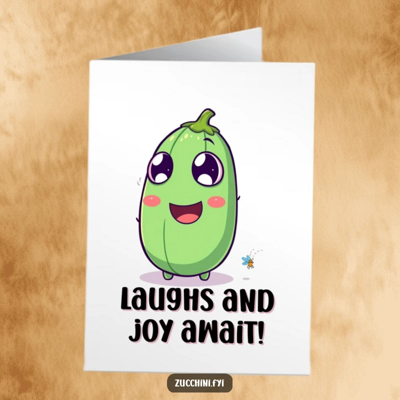Funny Free Printable Birthday Card: Zucchini hysterically laughing at a firefly, sending uproarious birthday wishes.
